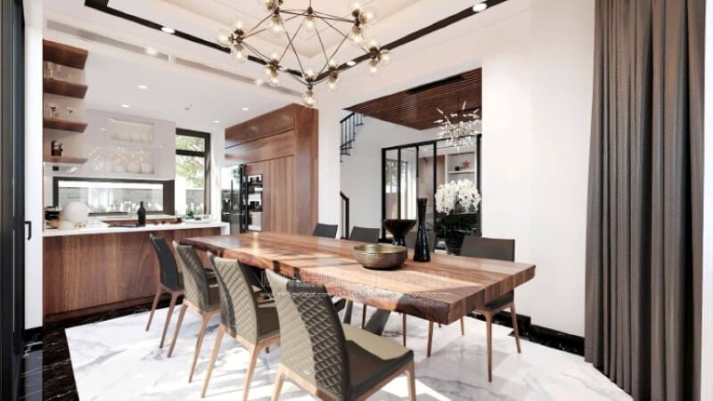 Sẽ là một gợi ý sáng tạo sẽ khiến bạn thích thú như trong ý tưởng bố trí không gian bếp hiện đại biệt thự Vinhomes Imperia Hải Phòng trong đây, bố trí kệ trang trí ở vị trí gần bàn ăn nhất giúp bạn lấy ly, chén một cách dễ dàng.