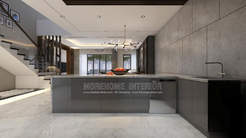 Với ý tưởng trong mẫu thiết kế nội thất biệt thự Parkcity trong đây, bạn có thể trang trí ngay không gian đảo tách biệt phòng bếp để có thể phục vụ nhanh nhu cầu của mình mà vẫn đảm bảo nhu cầu tức thời từ bộ tủ đựng đồ được bố trí máy rửa bát, bồn rửa tiện lợi.