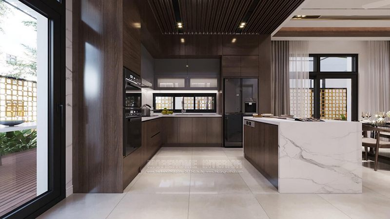 Thiết kế tủ bếp gỗ óc chó cao cấp cho biệt thự tại Hà Nội