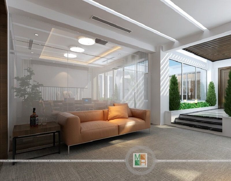 Bộ sofa bọc da màu cam cao cấp tạo điểm nhấn nổi bật cho sảnh lễ tân văn phòng công ty Bình Minh