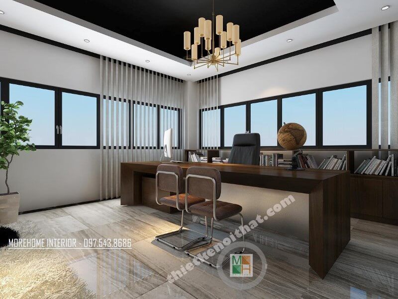 Mẫu thiết kế văn phòng làm việc hiện đại sử dụng gỗ công nghiệp cao cấp làm đồ nội thất