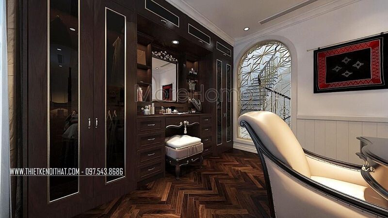 Mẫu thiết kế tủ quần áo đẹp màu nâu trầm sang trọng tại biệt thự