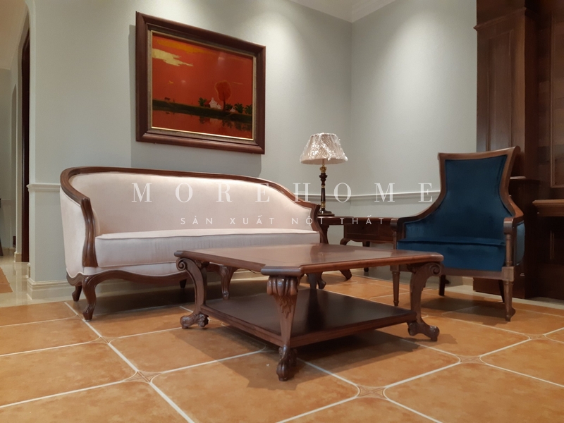 Thi công sofa đơn khung gỗ óc chó bọc nỉ màu xanh coban tân cổ điển màu sắc ấn tượng, sang trọng