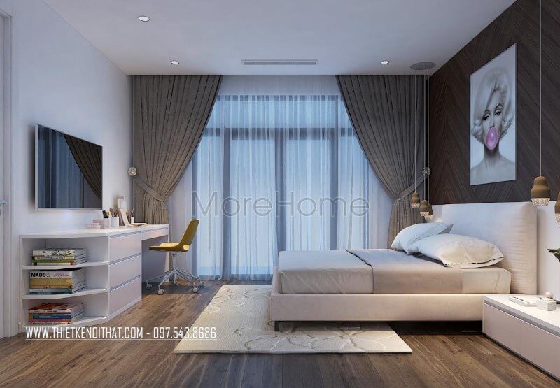Trần thạch cao phẳng được sử dụng để tạo nên một phòng ngủ hiện đại và đẹp cho các căn nhà phố chung cư.