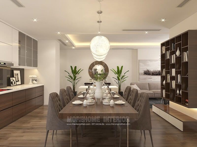 Mẫu bàn ghế ănhiện đại với thiết kế bàn ăn chân sắt ánh vàng kết hợp ghế ăn bọc nỉ ấn tượng